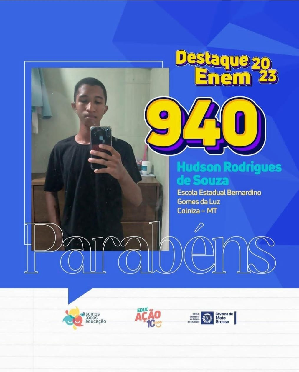 Com 940 pontos, aluno do município de Colniza possui um desempenho expressivo na redação do Enem 2023.