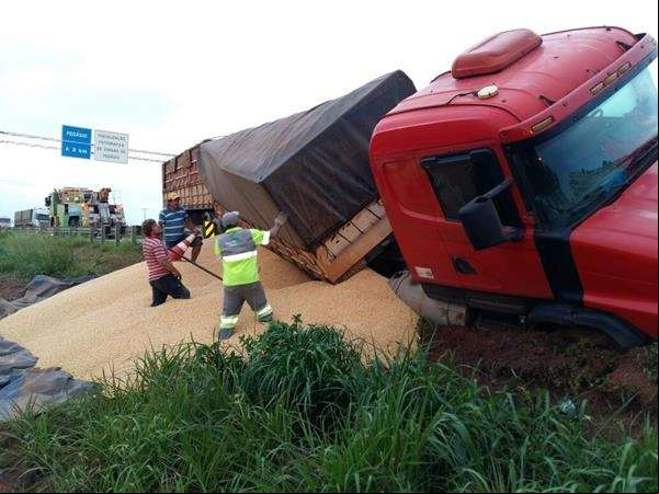 Sorriso: Carreta sai da pista da BR 163 e perde parte de carga de milho